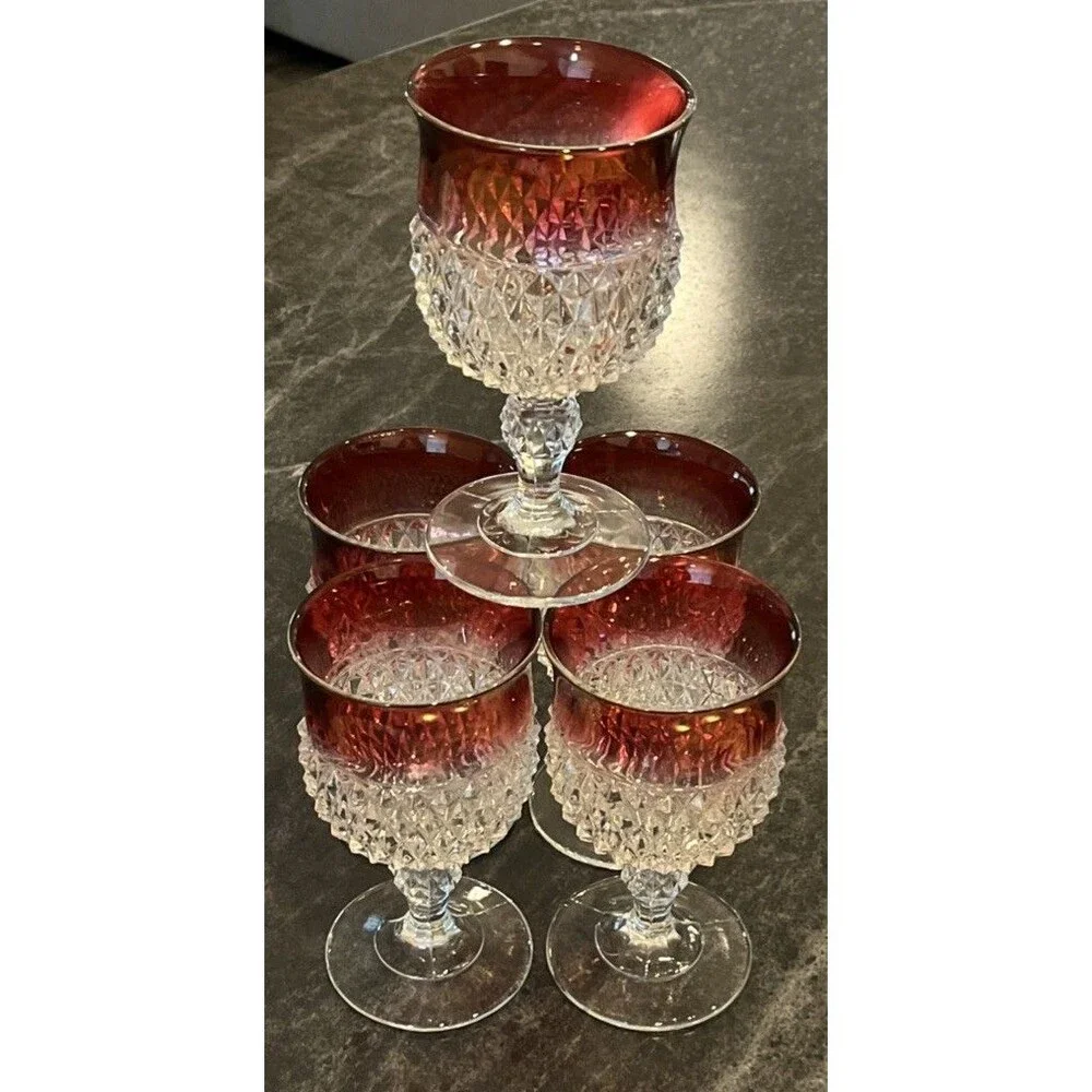 VNTG set of 5 Diamond Point & Ruby Red Flash Water Wine Goblets  Indiana Glass